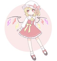 Rule 34 | 1girl, ascot, blonde hair, bow, closed mouth, commentary request, crystal, dress, expressionless, flandre scarlet, frilled shirt collar, frills, full body, hat, hat bow, highres, long sleeves, looking to the side, medium hair, mob cap, oninamako, pink bow, plaid, plaid bow, red bow, red dress, red eyes, red nails, shirt, shoes, slit pupils, socks, solo, touhou, white hat, white shirt, white socks, wings, yellow ascot