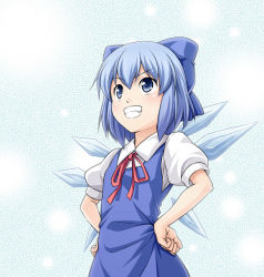 Rule 34 | 1girl, cirno, dress, embodiment of scarlet devil, female focus, gradient background, grin, hair between eyes, hands on own hips, smile, solo, teeth, tomokichi, touhou, white background, wings