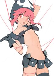 Rule 34 | 1girl, collarbone, commentary, gloves, hat, highres, jakuzure nonon, kill la kill, knife, midriff, navel, nudist beach uniform, pink eyes, pink hair, standing, string, tongue, tongue out