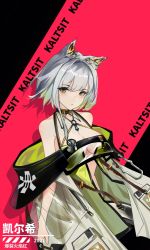 Rule 34 | 1girl, 2021, animal ear fluff, animal ears, arknights, baoliehuo yanhong, bare shoulders, black background, black choker, breasts, character name, chinese commentary, choker, cleavage, commentary request, criss-cross halter, dress, green dress, halterneck, kal&#039;tsit (arknights), long sleeves, looking at viewer, medium breasts, off-shoulder dress, off shoulder, pink background, see-through, see-through sleeves, short hair, silver hair, solo, stethoscope, translation request, two-tone background, upper body, yellow eyes