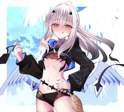 Rule 34 | 1girl, akizawa619, bikini, black bikini, black jacket, blush, breasts, cropped jacket, dragon wings, fate/grand order, fate (series), forked eyebrows, high ponytail, highres, jacket, licking lips, long hair, long sleeves, looking at viewer, melusine (fate), melusine (swimsuit ruler) (fate), melusine (swimsuit ruler) (first ascension) (fate), nail polish, navel, revision, shrug (clothing), sidelocks, small breasts, smile, solo, stomach tattoo, swimsuit, tail, tattoo, thighlet, thighs, tongue, tongue out, white hair, wings, yellow eyes