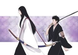 Rule 34 | 1boy, 1girl, absurdres, alternate universe, anno im, badge, black hair, black hakama, black kimono, bleach, bleach: sennen kessen-hen, chipped sword, closed eyes, fukutaichou badge, hakama, haori, highres, holding, holding sword, holding weapon, japanese clothes, kimono, long hair, obi, over shoulder, parted lips, profile, sash, scar, scar across eye, shihakusho, smile, sword, taichou haori, unohana retsu, walking, weapon, weapon over shoulder, white haori, white sash, wide sleeves, zaraki kenpachi