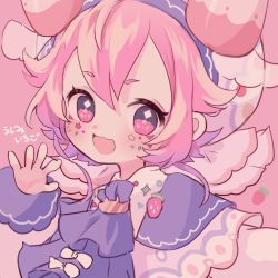 Rule 34 | 1girl, :d, blue dress, blush, capelet, crescent, dress, facial mark, hair between eyes, hand up, hat, karunabaru, looking at viewer, nijisanji, open mouth, pink background, pink hair, red eyes, short eyebrows, simple background, smile, solo, star (symbol), upper body, ushimi ichigo, virtual youtuber, white capelet, white hat