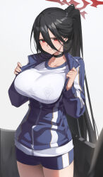 Rule 34 | 1girl, absurdres, black choker, black hair, black wings, blue archive, blush, breasts, choker, closed mouth, feathered wings, gym uniform, hair between eyes, halo, hasumi (blue archive), hasumi (track) (blue archive), highres, jacket, large breasts, large wings, long hair, looking at viewer, mole, mole under eye, official alternate costume, partially unzipped, ponytail, red eyes, reulem, shirt, shorts, solo, track jacket, white background, white shirt, wings