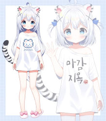 Rule 34 | 1girl, :o, ahoge, animal ears, blue background, blue bow, blue eyes, blush, bow, closed mouth, clothes writing, commentary request, hair between eyes, hair bow, hair ornament, indie virtual youtuber, korean commentary, long hair, mauve, multiple views, myoya (vtuber), off shoulder, parted lips, pink bow, shirt, slippers, smile, striped tail, tail, tiger ears, tiger girl, tiger tail, translation request, two-tone background, two side up, very long hair, virtual youtuber, white background, white footwear, white hair, white shirt, x hair ornament