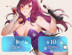 Rule 34 | bare shoulders, bibimbub, bottle, bow, bowtie, breasts, cleavage, close-up, cup, cursor, embarrassed, fate/grand order, fate (series), fishnet legwear, fishnets, gameplay mechanics, glass, grey background, highleg, highleg leotard, holding, holding bottle, holding cup, large breasts, leaning forward, leotard, long hair, looking at viewer, official alternate costume, pantyhose, playboy bunny, purple hair, purple leotard, red eyes, scathach (fate), scathach (piercing bunny) (fate), simple background, standing, symbol-only commentary, teeth, wavy mouth, wine bottle, wrist cuffs, zooming in