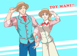 Rule 34 | 1boy, 1girl, alternate costume, aokomaiori, armband, blonde hair, blue eyes, bow, bowtie, caesar anthonio zeppeli, collared shirt, green eyes, grin, hand on own hip, hat, hat tip, jojo no kimyou na bouken, necktie, one eye closed, shirt, sleeves rolled up, smile, striped clothes, striped shirt, suzi q, vest