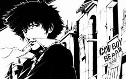 Rule 34 | 1990s (style), 1boy, cigarette, copyright name, cowboy bebop, greyscale, ina (gokihoihoi), male focus, monochrome, popped collar, short hair, smoking, solo, spike spiegel