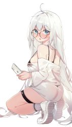 Rule 34 | 1girl, ahoge, bare shoulders, black bra, black panties, blue eyes, bra, breasts, cellphone, chukibabo2, commentary request, commission, copyright request, from side, full body, glasses, highres, holding, holding phone, iphone, korean commentary, long hair, long sleeves, looking at viewer, looking to the side, medium breasts, off-shoulder shirt, off shoulder, panties, parted lips, phone, see-through, shirt, shoes, simple background, smartphone, socks, solo, squatting, thigh strap, underwear, very long hair, white background, white footwear, white hair, white shirt, white socks