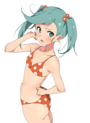 Rule 34 | 1girl, :o, alternate hairstyle, aqua eyes, aqua hair, arm up, ass, bikini, blush, breasts, collarbone, commentary, furrowed brow, furuyama itaru, hair ornament, hair tuft, hand on own cheek, hand on own face, hatsune miku, looking at viewer, looking to the side, medium hair, navel, open mouth, polka dot, polka dot bikini, simple background, small breasts, solo, swimsuit, teeth, twintails, upper teeth only, vocaloid, white background