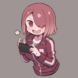 Rule 34 | 1girl, puff of air, blush, breasts, brown hair, cellphone, commission, es (eisis), grey background, hair over one eye, highres, holding, holding phone, hoshino miyako (wataten), jacket, large breasts, long sleeves, open mouth, phone, red eyes, red hair, short hair, simple background, skeb commission, smartphone, solo, sweat, track jacket, upper body, watashi ni tenshi ga maiorita!, wavy mouth