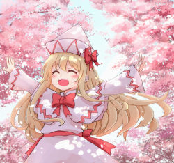 Rule 34 | 1girl, :d, ^ ^, back bow, blonde hair, blush, bow, capelet, cherry blossoms, closed eyes, commentary request, dress, happy, hat, hat bow, kibisake, lily white, long hair, long sleeves, open mouth, outstretched arms, pointy hat, red bow, red sash, sash, sidelocks, smile, touhou, very long hair, white capelet, white dress, white headwear, wide sleeves