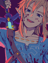 Rule 34 | 1boy, arm up, artist name, blonde hair, blood, blood in hair, blood on clothes, blood on face, blue eyes, blue shirt, blue tunic, champion&#039;s tunic (zelda), collarbone, commentary request, earrings, hair between eyes, holding, holding sword, holding weapon, jewelry, link, looking at viewer, low ponytail, male focus, master sword, medium hair, nintendo, open mouth, pointy ears, ponytail, purple background, shirt, sidelocks, signature, simple background, smile, solo, sword, teeth, tetora (ttr2011), the legend of zelda, the legend of zelda: breath of the wild, tongue, tongue out, tunic, upper body, upper teeth only, weapon