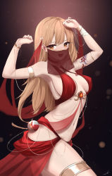 Rule 34 | 1girl, absurdres, arm tattoo, armlet, arms up, bandaged arm, bandages, blonde hair, breasts, choker, commentary, english commentary, feint721, genshin impact, glint, hair between eyes, hair down, hair ornament, harem outfit, highres, hip vent, long hair, looking at viewer, medium breasts, navel, open mouth, paid reward available, see-through, smile, solo, standing, tattoo, thighlet, thighs, vision (genshin impact), yoimiya (genshin impact)