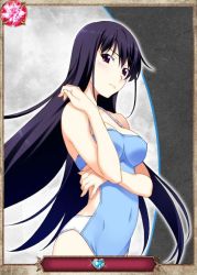 Rule 34 | 10s, 1girl, black hair, blue one-piece swimsuit, breasts, card (medium), casual one-piece swimsuit, cleavage, covered navel, female focus, grisaia (series), grisaia no kajitsu, long hair, looking at viewer, one-piece swimsuit, purple eyes, sakaki yumiko, solo, swimsuit