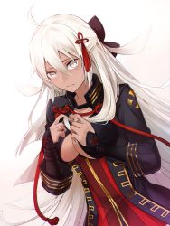 Rule 34 | 1girl, ahoge, bad id, bad pixiv id, black ribbon, breasts, chromatic aberration, commentary request, dark-skinned female, dark skin, fate/grand order, fate (series), gold trim, hair ribbon, large breasts, long hair, okita souji (fate), okita souji alter (fate), red ribbon, ribbon, simple background, solo, suyamunya, underboob, very long hair, white background, white hair, yellow eyes