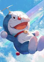 bell blue_sky cloud collar doraemon doraemon_(character) fuyumurasaki highres neck_bell no_humans open_mouth pupil_blink rainbow red_collar red_nose sky smile solo two-tone_fur whiskers