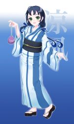 Rule 34 | 1girl, alternate costume, black hair, blue background, blue hair, character name, full body, geta, gradient background, gradient hair, green eyes, highres, japanese clothes, kantai collection, kimono, long hair, low twintails, multicolored hair, origin/release/creation, ribbon, solo, striped clothes, striped kimono, suzukaze (kancolle), twintails, water yoyo