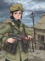 Rule 34 | 1girl, absurdres, africa, afrika korps, ammunition pouch, assault rifle, belt, black eyes, black hair, black scarf, blush, breast pocket, brown belt, brown hat, brown jacket, brown shirt, buttons, canteen, closed mouth, cloud, collar tabs, collared shirt, commentary, commission, cuff title, dark clouds, day, english commentary, fence post, gas mask canister, grey pants, gun, gun sling, hat, hat ornament, highres, hut, insignia, jacket, lapels, load bearing equipment, looking ahead, m43 field cap, military, military hat, military jacket, military uniform, nose, notched lapels, original, outdoors, overcast, pants, patch, pink lips, pocket, pouch, power lines, ribbon bar, rifle, rifleman1130, scarf, shirt, short hair, short ponytail, shoulder boards, shoulder patch, sky, soldier, solo, stg45, trigger discipline, uniform, upper body, utility pole, weapon, world war ii