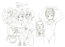 Rule 34 | 1boy, 1girl, 6+girls, animal ears, arms up, expressionless, goggles, hood, hoodie, mohawk, monochrome, multiple girls, one-piece swimsuit, open mouth, original, satsuyo, shark, short hair, sketch, skirt, swimsuit
