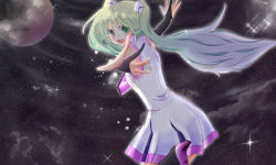 Rule 34 | 1girl, bad id, bad pixiv id, bridal gauntlets, dress, green eyes, green hair, hachipuyo, hatsune miku, high heels, long hair, looking back, matching hair/eyes, moon, open mouth, outstretched arms, shoes, sky, solo, spread arms, star (sky), starry sky, twintails, vocaloid