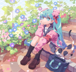 Rule 34 | 1girl, bf. (sogogiching), black socks, blue eyes, blue hair, calico, cat, colorful, female focus, flower, full body, hair ribbon, hatsune miku, head rest, legs, loafers, long hair, matching hair/eyes, morning glory, nature, outdoors, ribbon, school uniform, shoes, sitting, sitting on stairs, sky, smile, socks, solo, stairs, twintails, very long hair, vocaloid