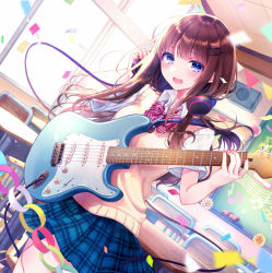 Rule 34 | 1girl, :d, blue eyes, blue skirt, bow, brown hair, collared shirt, commentary request, confetti, day, diagonal-striped bow, dutch angle, electric guitar, fender stratocaster, guitar, hand on headphones, hand up, headphones, headphones around neck, holding, holding instrument, indoors, instrument, kashiwabara en, long hair, looking at viewer, open mouth, original, plaid, plaid skirt, pleated skirt, red bow, school uniform, shirt, short sleeves, skirt, smile, solo, striped, sunlight, sweater vest, white shirt, window