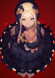 Rule 34 | 1girl, abigail williams (fate), black bow, black dress, black hat, blonde hair, blue eyes, bow, closed mouth, dress, fate/grand order, fate (series), hair bow, hands in opposite sleeves, hat, holding, holding stuffed toy, long hair, long sleeves, looking at viewer, mirukia, orange bow, sitting, solo, stuffed animal, stuffed toy, teddy bear, very long hair