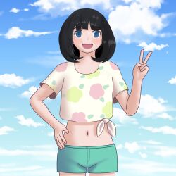 Rule 34 | 1girl, absurdres, black hair, blue eyes, blue sky, bob cut, clip studio paint (medium), cloud, cowboy shot, creatures (company), crop top, floral print, game freak, green shorts, highres, looking at viewer, navel, nintendo, open mouth, pokemon, pokemon sm, selene (pokemon), self-upload, shirt, short shorts, shorts, sky, solo, someoneelsenow, tied shirt