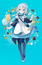 Rule 34 | 1girl, :d, ace (playing card), ace of spades, apron, balloon, beret, black pantyhose, black shirt, blue background, blue eyes, blue footwear, blue nails, blue skirt, blush, candy, card, checkerboard cookie, chocolate, chocolate bar, commentary request, cookie, cupcake, food, fork, full body, grey hair, hair between eyes, hand up, hat, holding, holding balloon, long-tailed tit, long sleeves, looking at viewer, multicolored hair, nail polish, open mouth, original, pantyhose, plaid, plaid skirt, playing card, pleated skirt, puffy long sleeves, puffy sleeves, shirt, shoes, signature, simple background, skirt, smile, solo, spade (shape), standing, streaked hair, tit (bird), white apron, white hair, white hat, yuzuyomogi