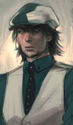Rule 34 | 10s, 1boy, beard, brown hair, cabbie hat, close-up, facial hair, frown, hat, kaburagi t. kotetsu, male focus, manly, necktie, rae, realistic, solo, stubble, tiger &amp; bunny