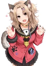 Rule 34 | 1girl, animal collar, animal ear fluff, animal ears, animal hands, black nails, black neckerchief, black sailor collar, black serafuku, black skirt, blush, brown eyes, brown hair, cardigan, chain, chain leash, checkered neckerchief, claw pose, collar, collarbone, commentary request, dog ears, dog hair ornament, dog paws, dog tail, fake animal ears, fake tail, fang, frilled neckerchief, frilled sailor collar, frilled skirt, frills, from above, fuu (fuore), hair intakes, hair ornament, hairpin, head tilt, heart, ichikawa hinana, idolmaster, idolmaster shiny colors, leash, legs together, light brown hair, long hair, looking at viewer, messy hair, multiple hairpins, nail, nail polish, neckerchief, open mouth, paw print, pink cardigan, pleated skirt, sailor collar, school uniform, serafuku, sidelocks, simple background, skirt, smile, tail, tongue, two-tone neckerchief, two side up, white background, yellow neckerchief