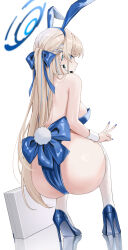 Rule 34 | 1girl, absurdres, animal ears, ass, backless leotard, blue archive, blue bow, blue eyes, blue hairband, blue halo, blue leotard, blue nails, bow, breasts, briefcase, earpiece, from behind, full body, gfpebs, hair bow, hairband, halo, high heels, highres, leotard, medium breasts, microphone, multicolored hair, official alternate costume, rabbit ears, rabbit tail, reflective floor, simple background, solo, squatting, streaked hair, tail, toki (blue archive), toki (bunny) (blue archive), white background, wrist cuffs