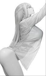 Rule 34 | 1girl, arms up, ass, blunt bangs, breasts, commentary request, cowboy shot, from side, greyscale, large breasts, leaning forward, long hair, looking up, monochrome, no pants, nyatabe, open mouth, original, panties, reaching, see-through, shirt, simple background, solo, underwear, white background, white shirt