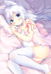 Rule 34 | 1girl, amedamacon, animal ears, babydoll, bad id, bad pixiv id, between breasts, between legs, blue eyes, blush, bottomless, braid, breasts, cleavage, closed mouth, covering crotch, covering privates, dutch angle, fox ears, fox tail, frilled pillow, frills, grey hair, hair between eyes, half updo, knees together feet apart, long hair, looking at viewer, lying, on bed, on side, original, pillow, see-through, sidelocks, small breasts, solo, tail, tail between legs, thighhighs, thighs, white hair, white thighhighs
