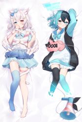 Rule 34 | 2girls, animal ears, arm up, asymmetrical legwear, bare shoulders, bed sheet, black hair, black jacket, black legwear, blue bow, blue eyes, blue hair, blue sailor collar, blue skirt, blue thighhighs, blush, bow, cat ears, cat girl, cat tail, closed mouth, commission, copyright request, dakimakura (medium), digital dissolve, dress, feathered wings, frilled dress, frills, gloves, hair bow, half gloves, heterochromia, jacket, long sleeves, lying, megaphone, mismatched legwear, multicolored hair, multiple girls, off-shoulder shirt, off shoulder, on back, open clothes, open jacket, parted lips, pleated skirt, puffy long sleeves, puffy sleeves, red eyes, sailor collar, shirt, single glove, single wrist cuff, skeb commission, skirt, sleeves past fingers, sleeves past wrists, tail, thigh strap, thighhighs, twitter username, two-tone hair, watermark, wavy mouth, white dress, white gloves, white hair, white shirt, white wings, wings, wrist cuffs, yamabukiiro