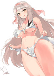 Rule 34 | 1girl, bikini, breasts, commentary request, hair between eyes, headband, kantai collection, large breasts, long hair, long sleeves, looking at viewer, open mouth, origami, red headband, sensen, shoukaku (kancolle), silver hair, smile, swimsuit, white bikini, yellow eyes