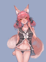 Rule 34 | 1girl, animal ear fluff, animal ears, arm at side, black bow, black panties, bow, clenched hand, drawfag, fate (series), fox ears, fox tail, frilled panties, frills, grey background, groin, hair bow, hairband, highres, midriff, navel, panties, pink hair, short twintails, simple background, solo, standing, tail, tamamo (fate), tamamo no mae (fate/extra), twintails, underwear, white bow, yellow eyes
