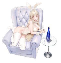 Rule 34 | 1girl, absurdres, animal ears, blonde hair, blush, bottle, breasts, cleavage, couch, cup, detached collar, drinking glass, fake animal ears, frilled leotard, frills, highres, kawaraya koh, large breasts, leotard, long hair, looking at viewer, nijisanji, on couch, open mouth, playboy bunny, rabbit ears, rabbit tail, sister claire, solo, strapless, strapless leotard, tail, thighhighs, virtual youtuber, white thighhighs, wine bottle, wine glass, wrist cuffs, yellow eyes, yellow leotard