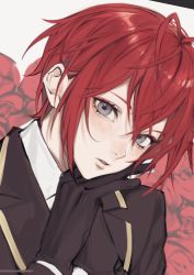 Rule 34 | 1boy, black gloves, black jacket, flower, gloves, grey eyes, hand on own chin, highres, jacket, kuma meshigaumai, long sleeves, looking at viewer, male focus, parted lips, portrait, red flower, red hair, red rose, riddle rosehearts, rose, simple background, solo, twisted wonderland