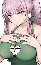 Rule 34 | 1girl, absurdres, apron, blunt bangs, breasts, cleavage, green apron, hands on own chest, highres, hololive, hololive english, large breasts, long hair, looking at viewer, mori calliope, naked apron, pink hair, ponytail, red eyes, sak1 01, sidelocks, solo, virtual youtuber, white background