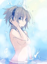 Rule 34 | 1girl, blue background, breasts, brown eyes, brown hair, earmuffs, hair between eyes, hand up, looking at viewer, makuwauri, medium breasts, navel, nipples, nude, out-of-frame censoring, pointy hair, short hair, solo, stomach, touhou, toyosatomimi no miko, upper body, wading, water