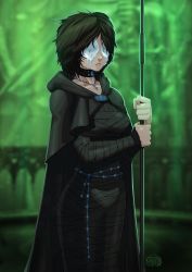 Rule 34 | 1girl, artist name, bandages, black hair, blurry, blurry background, cape, choker, covered eyes, demon&#039;s souls, green background, highres, holding, holding staff, hood, hood down, hooded cape, jewelry, maiden in black, necklace, paint, short hair, solo, staff, standing, tovio rogers
