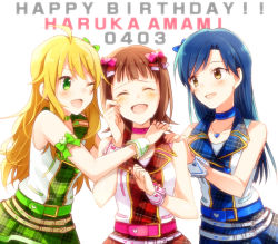 Rule 34 | 10s, 3girls, :d, ;d, ^ ^, amami haruka, blonde hair, blue hair, brown hair, choker, closed eyes, costume, closed eyes, girl sandwich, green eyes, hand on another&#039;s shoulder, happy birthday, hoshii miki, idolmaster, idolmaster (classic), idolmaster one for all, jewelry, kisaragi chihaya, konase (non stop!), long hair, multiple girls, necklace, one eye closed, open mouth, plaid, plaid skirt, ribbon, sandwiched, skirt, smile, tears, wink, yellow eyes