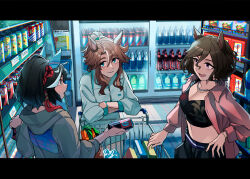 Rule 34 | 3girls, absurdres, alternate costume, animal ears, belt, black hair, black shirt, blush, bottle, bracelet, breasts, brown hair, can, chromatic aberration, cleavage, closed mouth, crop top, ear covers, fuyukayui, green eyes, green jacket, grey jacket, hair ornament, hand on own hip, highres, holding, holding can, hood, hooded jacket, horse ears, indoors, jacket, jewelry, katsuragi ace (umamusume), letterboxed, long sleeves, looking at another, medium hair, mejiro palmer (umamusume), midriff, multicolored hair, multiple girls, navel, necklace, open clothes, open jacket, open mouth, pink jacket, ponytail, purple eyes, refrigerator, shirt, shop, shopping cart, short hair, small breasts, smile, standing, streaked hair, tap dance city (umamusume), umamusume, upper body