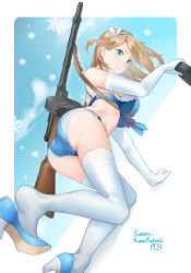 Rule 34 | 1girl, all fours, ass, blonde hair, blue bra, blue footwear, blue hairband, blue panties, bra, breasts, elbow gloves, floating hair, girls&#039; frontline, gloves, gun, hair ornament, hairband, high heels, holding, lace, lace-trimmed bra, lace trim, long hair, medium breasts, panties, pumps, rifle, saruno (eyesonly712), sideboob, snowflake hair ornament, snowflakes, solo, suomi (girls&#039; frontline), thighhighs, underwear, underwear only, weapon, white background, white gloves, white thighhighs