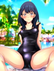 Rule 34 | 10s, 1girl, arms behind back, black hair, black one-piece swimsuit, blue eyes, blue sky, blurry, blush, breasts, closed mouth, cloud, collarbone, crotch, day, depth of field, embarrassed, feet out of frame, frown, grass, gridman universe, highres, hip focus, looking at viewer, medium hair, nike (0306), old school swimsuit, one-piece swimsuit, outdoors, palm tree, photo background, raised eyebrows, reflection, school swimsuit, shiny clothes, shiny skin, sitting, sky, small breasts, solo, spread legs, ssss.gridman, strap slip, swimsuit, takarada rikka, thighs, tree, water
