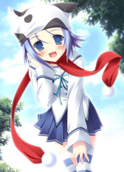 Rule 34 | 1girl, :d, amakase minatsu, animal print, blue eyes, blue hair, blush, cloud, cow print, da capo, da capo ii, day, happy, hat, hironii (nirvana soft), leaning forward, looking at viewer, matching hair/eyes, open mouth, outdoors, pleated skirt, pom pom (clothes), red scarf, scarf, school uniform, short hair, skirt, sky, smile, solo, striped clothes, striped thighhighs, thighhighs, tree