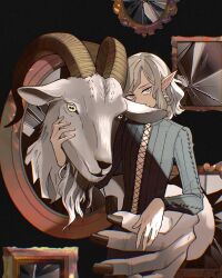 Rule 34 | 1boy, animal, black background, black nails, broken glass, crack, cracked glass, demon, dungeon meshi, elf, giant hand, glass, goat, goat (dungeon meshi), grey eyes, grey hair, hand on another&#039;s face, hand on another&#039;s hip, highres, horizontal pupils, horns, long sleeves, looking at viewer, male focus, medium hair, mithrun, picture frame, pointy ears, shirt, somu ki, symbol-shaped pupils, tearing up, wavy hair, yellow eyes
