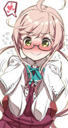 Rule 34 | 1girl, blazer, blue-framed eyewear, blush, braid, commentary request, crown braid, glasses, halterneck, heart, highres, jacket, kantai collection, laco soregashi, long sleeves, looking at viewer, makigumo (kancolle), makigumo kai ni (kancolle), nose blush, one-hour drawing challenge, pink hair, purple skirt, skirt, sleeves past fingers, sleeves past wrists, solo, spoken heart, twintails, upper body, wavy mouth, yellow eyes